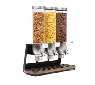 Rosseto Serving Solutions Triple 1 gal Dry Product Dispenser with Black Stand   Walnut Tray, Clear