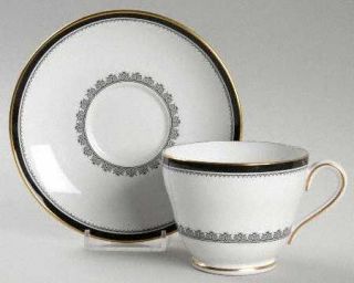 Spode Camelot Footed Cup & Saucer Set, Fine China Dinnerware   Black Band On Edg