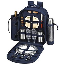 Picnic At Ascot Bold Coffee/ Picnic Backpack For Two (Navy and ginghamMaterials 600D polycanvasDimensions 17.5 inches high (including handle) x 24.5 inches wide x 15 inches deepSilver hardware and white accentsLeak proof linerFull picnic and coffee set 