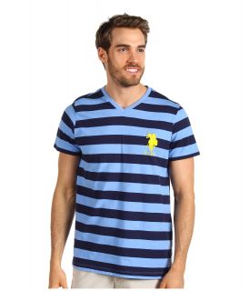 U.S. Polo Assn V neck T shirt with Medium Stripe Mens T Shirt (Blue)