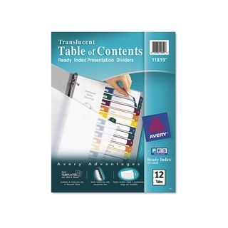 Avery 12 tab Letter Ready Index Table/contents Dividers (pack Of 12) (Clear divider, multicolor tabs, white titlesWeight 8 ouncesModel AVE11819Quantity 1 Pack of 12 Tab DividersIndex divider size 11 x 8.5Index divider style 12 Tab )