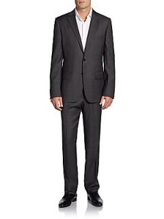 Windowpane Wool Two Button Suit/Trim Fit   Dark Grey