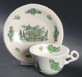 Spode Green Basket (Earthenware) Flat Cup & Saucer Set, Fine China Dinnerware  