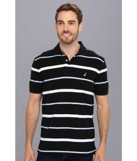 Nautica Anchor Stripe Deck Polo Shirt Mens Short Sleeve Pullover (Black)