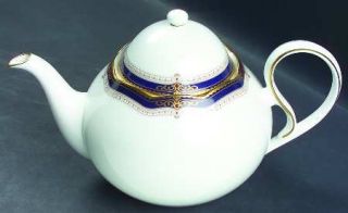 Noritake Lady Eve Teapot & Lid, Fine China Dinnerware   Blue Border, Gold Scroll