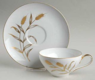 ACI Golden Leaf Flat Cup & Saucer Set, Fine China Dinnerware   Gold Wheat,Coupe