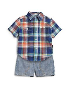 Ralph Lauren Infants Two Piece Plaid Shirt & Denim Shorts Set   Blue 