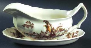 Johnson Brothers Old Mill, The Brown/Multicolor Gravy Boat & Underplate (Relish)