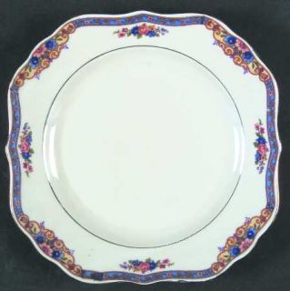 AMC Acc2 Square Salad Plate, Fine China Dinnerware   Blue Band,Tan Scrolls, Flor