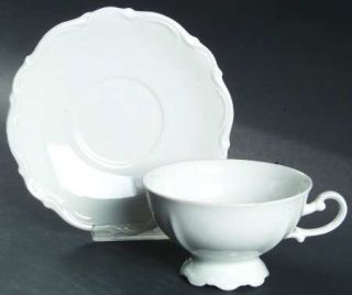 Mitterteich Baroque Footed Cup & Saucer Set, Fine China Dinnerware   White, Embo