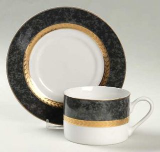 Retroneu Imperial Gray Flat Cup & Saucer Set, Fine China Dinnerware   Gray Marbl
