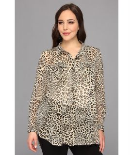 TWO by Vince Camuto Plus Size Two Pocket Leopard Stream Shirt Womens Long Sleeve Button Up (Black)