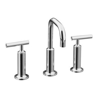 Kohler K 14407 4 cp Polished Chrome Purist Widespread Lavatory Faucet With Low Gooseneck Spout And High Lever Handles