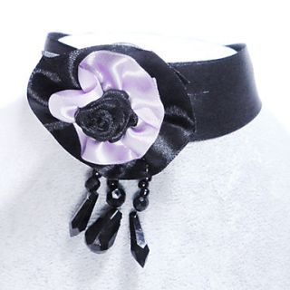 Handmade Purple Satin Gothic Lolita Necklace with Black Gemstone