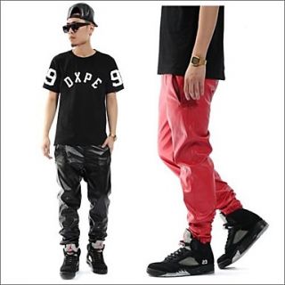 Mens Hip Hop Leather Casual Pants(Red Black)