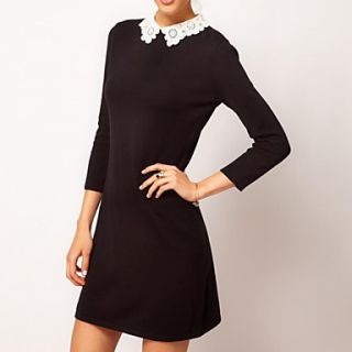 Womens Round Collar Hollow Out Collar Long Sleeve Slim Dresses