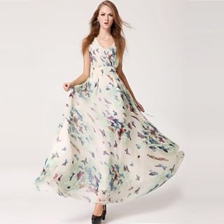 Womens Butterfly Floral Print With Waistband Zippers Closure Full Dress