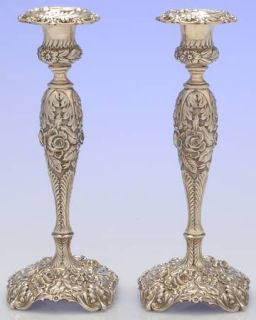 Kirk Stieff Stieff Rose (Sterling,1892,Hlwr)  Pair of 9 Weighted Candlestick  