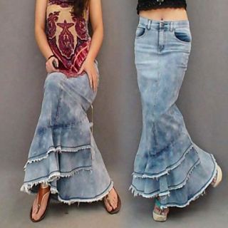 Bohemia Curvaceous / Multi Flounced Denim Stitching Slim Fashion Woman Jeans Mermaid Fishtail Long Skirts
