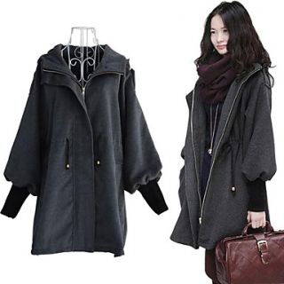 Womens Hooded with Epaulet Solid Color Long Style Drawstring Waisted Woolen Coat