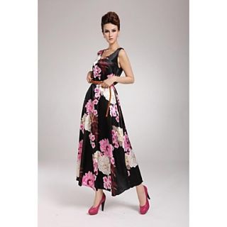 Womens Ruffle Quality Brocade with Long Waistbelt Floral Ball Gown Dress