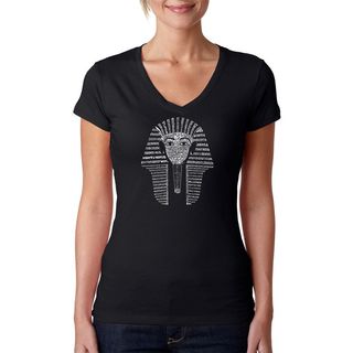 Los Angeles Pop Art Womens King Tut Black V neck T shirt (100 percent cotton Machine washableAll measurements are approximate and may vary by size. )