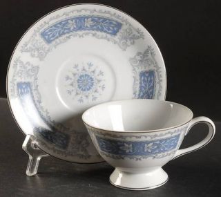 Meito Jasper Footed Cup & Saucer Set, Fine China Dinnerware   Blue Panels, Blue/