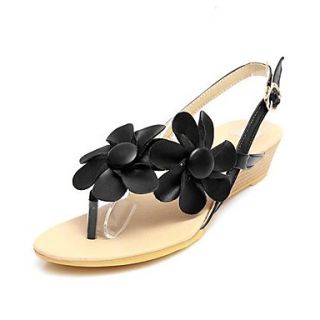 Faux Leather Womens Low Heel Flip Flop Sandals Shoes with Flower (More Colors)