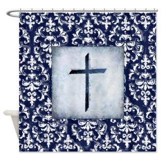  Blue and White Cross on Damask Shower Curtain  Use code FREECART at Checkout
