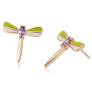 Stylish Gold Plated Gold With Purple Cubic Zirconia Dragonfly Womens Earring