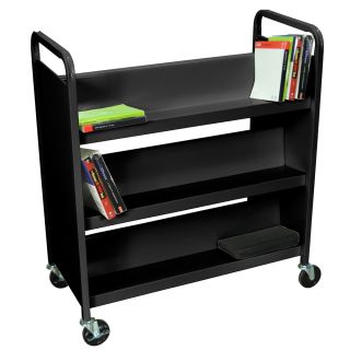 Luxor 6 Shelf Double Sided Book Truck (BlackMaterials 18 gauge steel with black powder coatingDimensions 37 inches wide x 18 inches deep x 42 inches highShelf clearance 10.5 inchesWeight limit 300 pounds4 inch ball bearing castersSix (6) 6.375 inch de