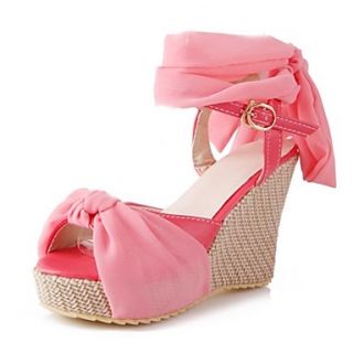 Faux Leather/Satin Womens Wedge Heel Platform Sling Back Sandals With Buckle(More Colors)