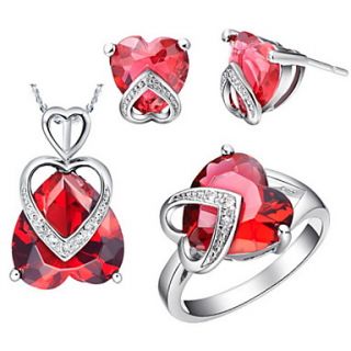 Original Silver Plated Cubic Zirconia Hearts Womens Jewelry Set(Necklace,Earrings,Ring)(Red,Purple)