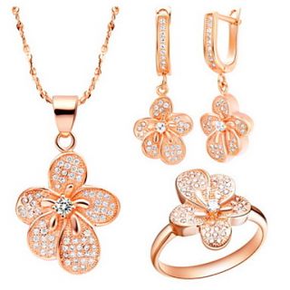 Beautiful Silver Plated Cubic Zirconia Irregular Flower Womens Jewelry Set(Necklace,Earrings,Ring)(Gold,Silver)