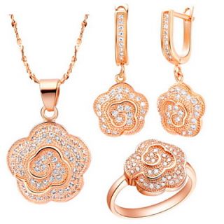 Sweet Silver Plated Cubic Zirconia Cloud On Flower Womens Jewelry Set(Necklace,Earrings,Ring)(Gold,Silver)
