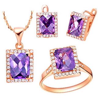 Fashion Alloy Gold Plated With Cubic Zirconia Rectangle Womens Jewelry Set(Necklace,Earrings,Ring)(Red,Purple)