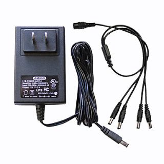 Security AC/DC 12 Volt 2 Amp Power Adapter Supply and 1 to 4 Power Splitter Cable for CCTV Security Camera (12V 2A)