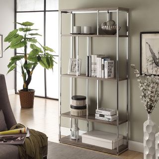Dark Taupe Reclaimed look Chrome Metal Bookcase