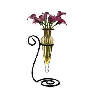 Amber Amphora Glass Flower Vase On Swirl Metal Stand