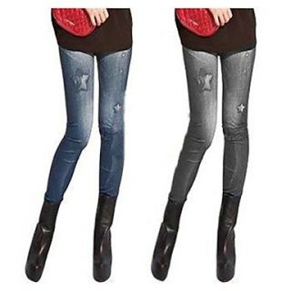 Womens Five Pointed Star Printed Denim Leggings Ninth Pants