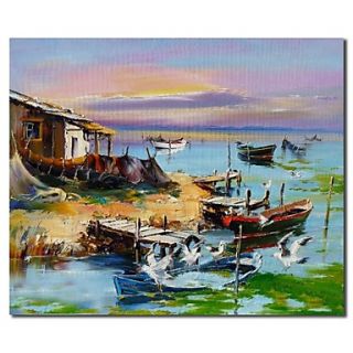 Hand Painted Oil Painting Landscape House on The Beach with Boats with Stretched Frame