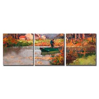 Hand Painted Oil Painting Landscape Fisherman Sailing Boat on The River with Stretched Frame Set of 3