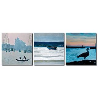 Hand Painted Oil Painting Landscape Fisherman Boat And Sea Gull with Stretched Frame Set of 3