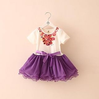 Girls Round Neck Floral Print Bow Lace Dress