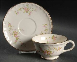 Pope Gosser Jean Footed Cup & Saucer Set, Fine China Dinnerware   Pink Rose Rim 
