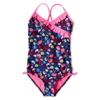 BREAKING WAVES Tropical Print, One Piece Swimsuit   Girls 6 16 and Plus, Pink,
