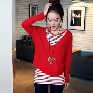 MUH Loose Round Collar Stripe Off Two Long Sleeve T Shirt(Red)