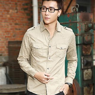 Senyue Mens Cotton Pure Color Long Sleeve Shirt (Green.Khaki)