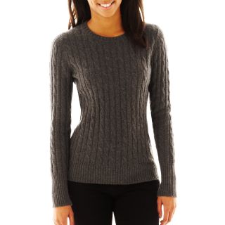 Wool Blend Cable Knit Crew Sweater   Talls, Charcoal Heather, Womens