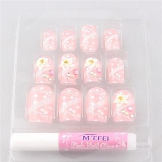 12 PCS Pink Printed Flower Chic Acrylic UV Gel False Nail Art Tips With Glue